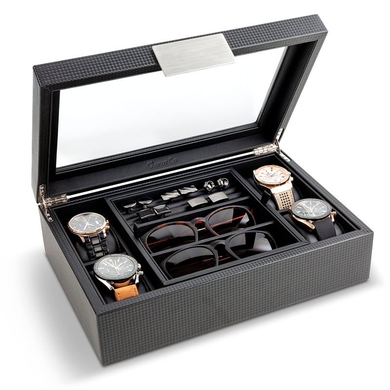 Glenor Co Valet Jewelry Box for Men - Holds 6 Watches, 12 cufflinks, 2 Sunglasses & Tray Storage - Mens Watch Case - CarbonFiber Organizer w Metal Accents, PU Leather & Large Glass Lid - Black - Image 1